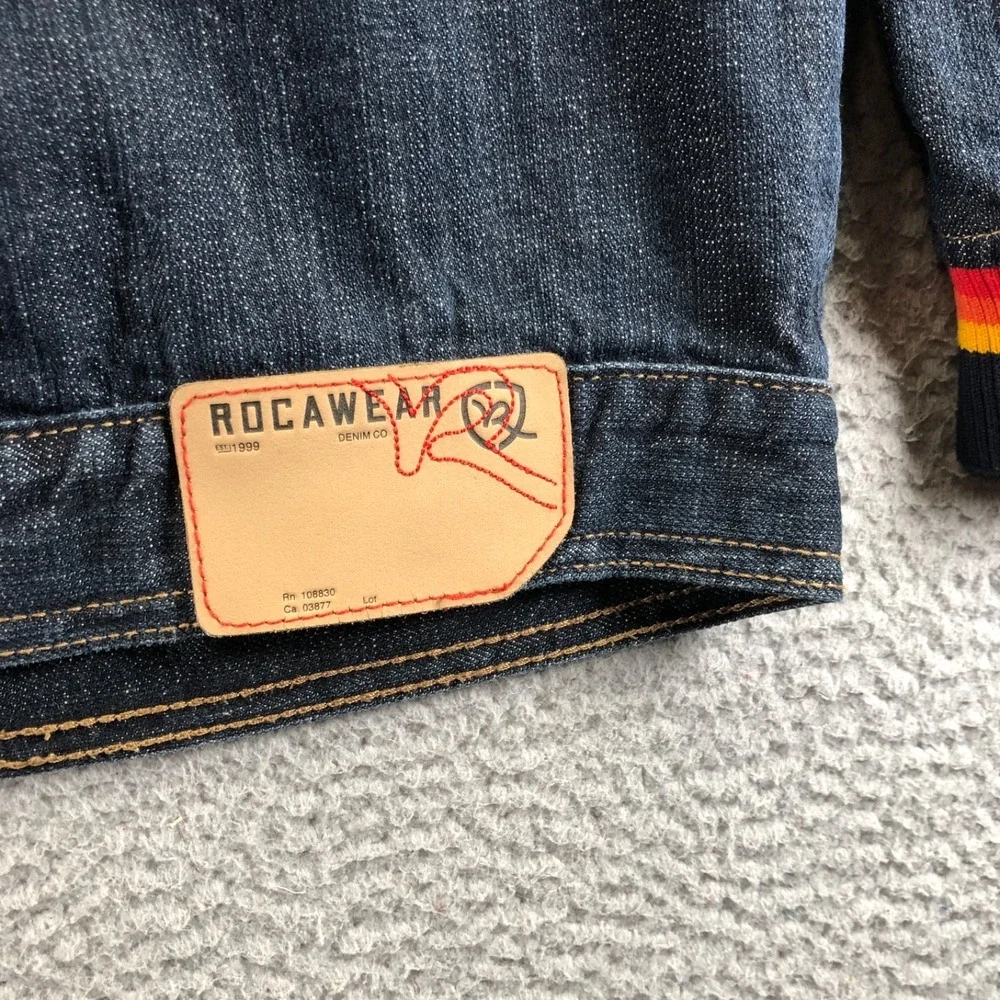 Vintage Rocawear Jacket Girls XL (18-20) Blue Denim Zip Felt Logo Y2k Hip Hop